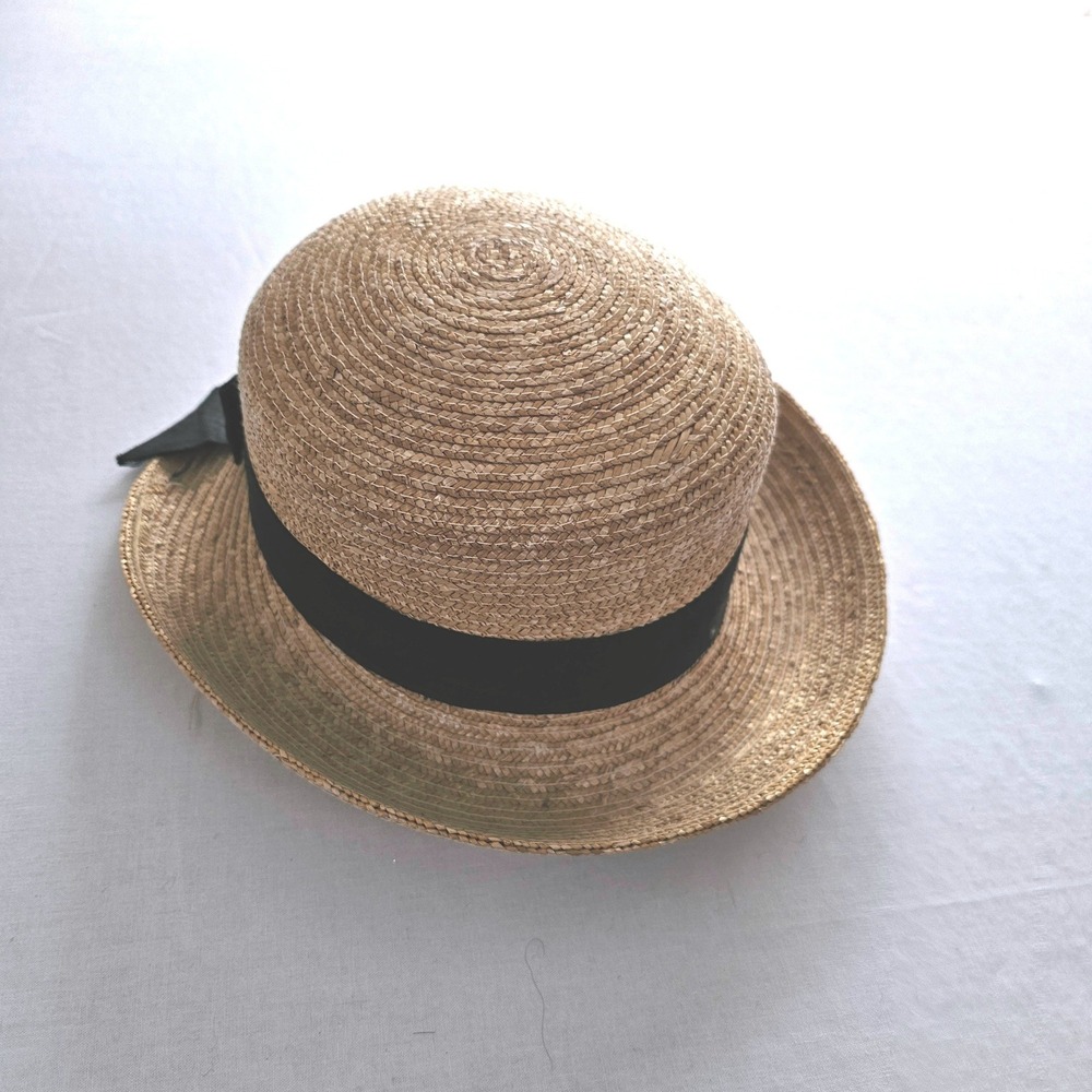 Da-Me Italy Woven Straw Boater Hat Black Grosgrain Ribbon Bow Tan Sun Hat